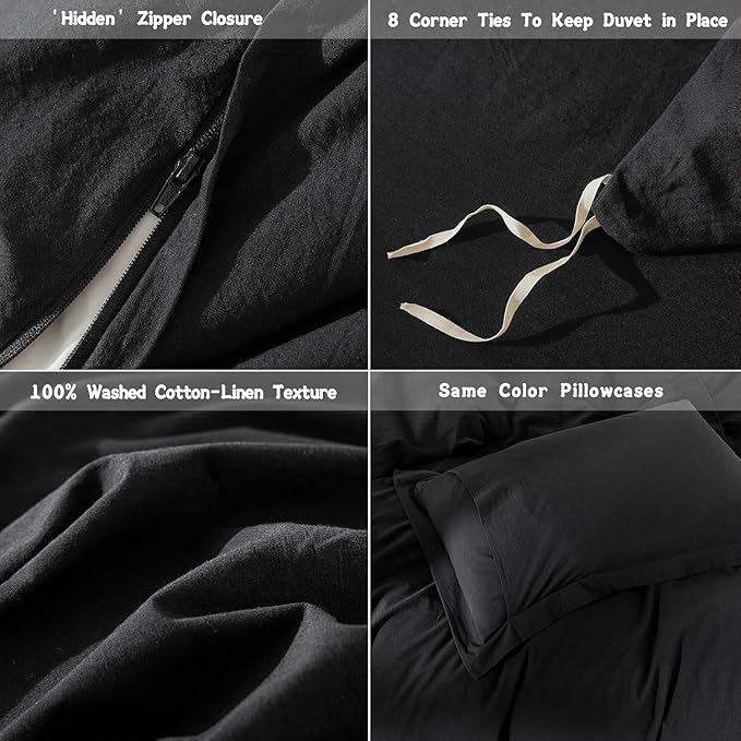 Black Duvet Cover Oversized King Size 100% Washed Cotton Bedding Set Cover 1 Duvet Cover with Zipper Closure and 2 Pillowcases, 120inch x 98inch