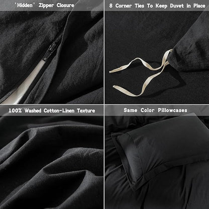Black Duvet Cover Oversized King Size 100% Washed Cotton Bedding Set Cover 1 Duvet Cover with Zipper Closure and 2 Pillowcases, 120inch x 98inch