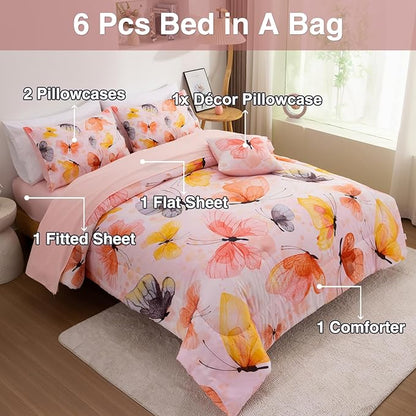 A Nice Night 6pcs Bed in A Bag Watercolor Ink Wash Tie-Dye Butterfly Printed, Butterflies Bedding Comforter Set, Orange Queen