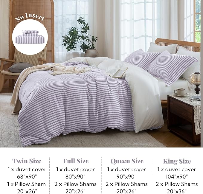 MILDLY Purple Striped Duvet Cover - 100% Washed Cotton Jacquard Boho Textured Comforter Cover 3pcs with Corner Ties Zipper Closure 90"x90"