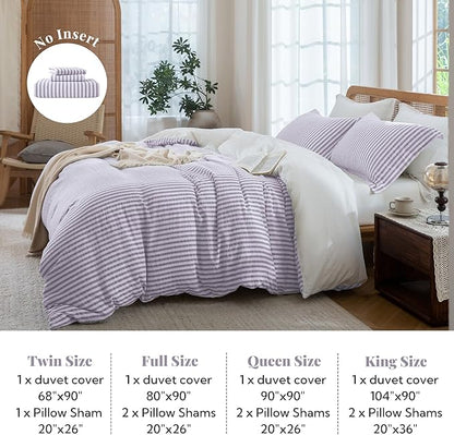 MILDLY Purple Striped Duvet Cover - 100% Washed Cotton Jacquard Boho Textured Comforter Cover 3pcs with Corner Ties Zipper Closure 104"x90"