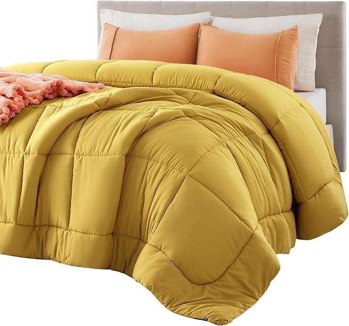 Bedsure Comforter Duvet Insert - Quilted Comforters Full Size, All Season Duvet, GentleSoft Down Alternative Bedding Blanket, with 8 Tabs, Gifts for Women/Men, Mustard Yellow, Full 86 x 82 Inches