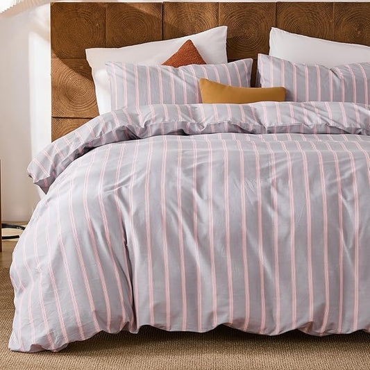 Merryword 100% Cotton Duvet Cover Set King Size - Gray and Pink Striped Bedding Set with Zipper & Corner Ties, 3-Piece Luxury Linen Like Bedding Set for All Seasons