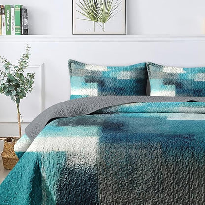 Quilt Set King Size, Turquoise Grey Painting 3 Pcs Soft Bed Cover Bedding Set for Kids and Adults, Teal Contemporary Gray Lightweight Bedspread Coverlet with Pillow Sham for All Season