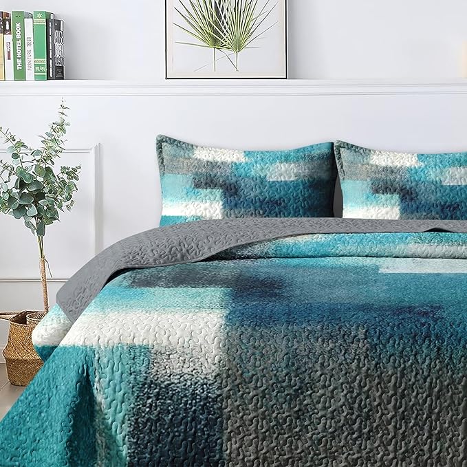 Quilt Set Twin Size, Turquoise Grey Painting 2 Pcs Soft Bed Cover Bedding Set for Kids and Adults, Teal Contemporary Gray Lightweight Bedspread Coverlet with Pillow Sham for All Season