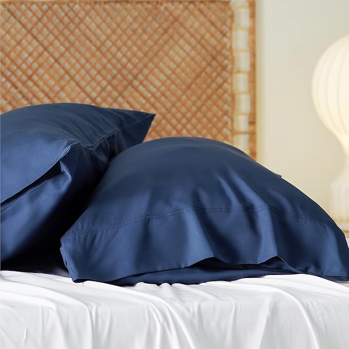 Bedsure Pillow Cases Standard Size, Cooling Pillow Cases, Rayon Derived from Bamboo Navy Blue Pillowcases Standard Set of 2, PureWoven Silky Soft Pillow Cover with Envelope Closure, 20x26 Inches