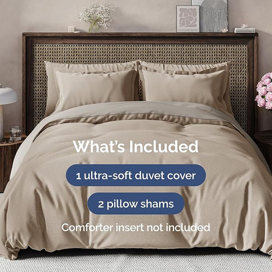 Duvet Cover Queen Size Set - Extra Soft Queen Duvet Cover 90" x 90" with 2 Pillow Shams - Hotel Luxury, Easy Care & Fade Free with Zipper Closures & Ties - Comfy, Cozy & Breathable (Heathered Beige)
