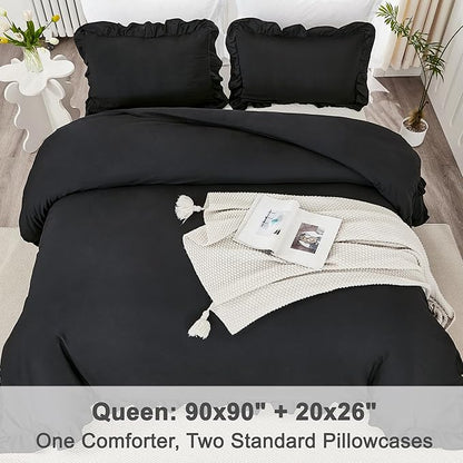 Litanika Black Queen Comforter Set, 3 Pieces Ruffle Farmhouse Aesthetic Bedding Comforter Set, All Season Soft Lightweight Fluffy Microfiber Bed Set(90x90In Comforter, 2 Pillowcases)