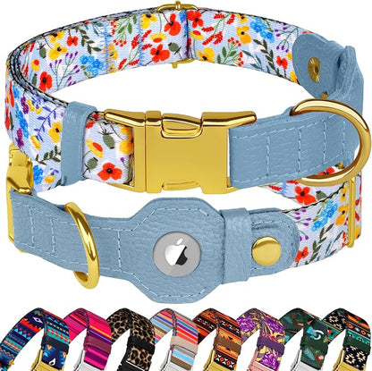AirTag Dog Collar for Small Medium Large Breed - Adjustable Cute Pattern Dog Collar with Airtag Holder and Metal Buckle - Soft Leather Tracker GPS Apple Air Tag Pet Collars for Puppy Girl Boy Female