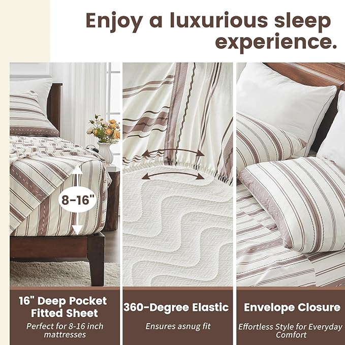 100% Linen Sheets Queen Size,Breathable & Durable 4-Piece Bed Flax Stripes Sheet Set,Soft All-Season Bedding for Hot Sleepers 16" Deep Pocket Oeko-TEX Certified,（Queen, Brown Stripes）
