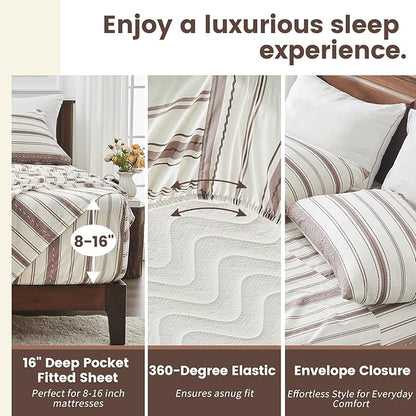 100% Linen Sheets King Size,Breathable & Durable 4-Piece Bed Flax Stripes Sheet Set,Soft All-Season Bedding for Hot Sleepers 16" Deep Pocket Oeko-TEX Certified,（King, Brown Stripes）