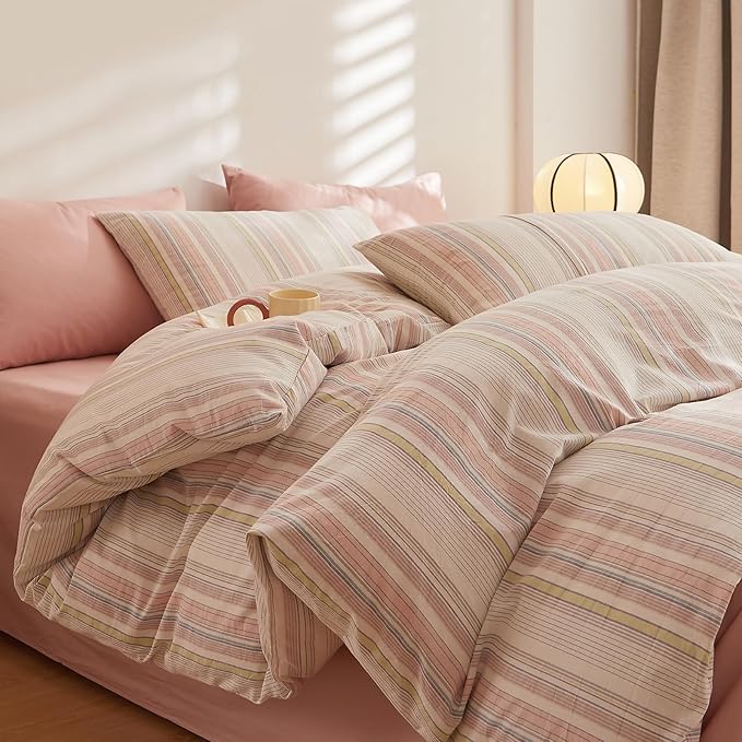 EAVD Striped Comforter Set Queen Multi-Color Striped Bedding Comforter Set 3 Pieces Farmhouse Geometric Bedding Set with 2 Pillowcases for All-Season Soft Fluffy Lightweight