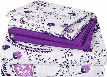 JSD 6 Piece Purple Paisley Sheet Set Queen Size, Soft Printed Microfiber Sheets with 4 Pillowcases Deep Pocket