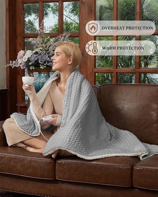 CAROMIO Heated Blanket Twin Size, Waffle Weave Electric Throw Blanket Fast Heating with LCD Controller, 10 Heat Levels & 1-12H Time Settings Auto Off, ETL Certified, Grey, 62" x 84"