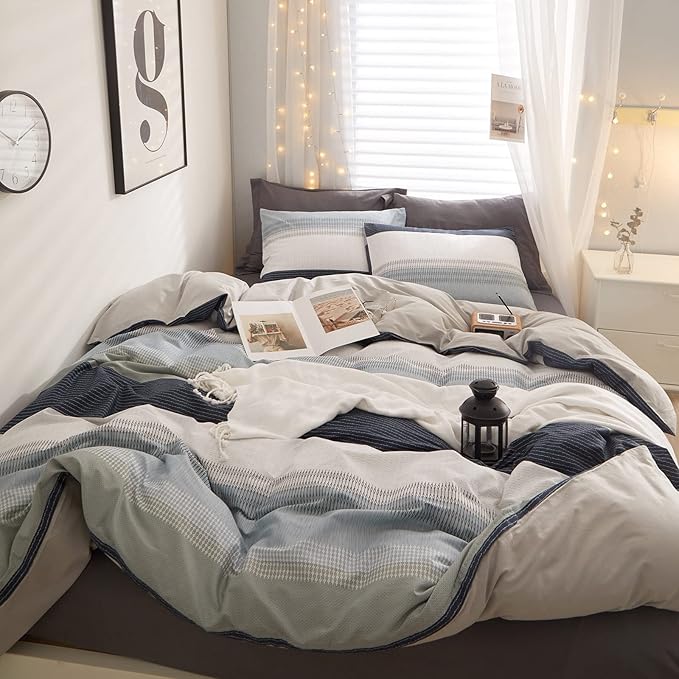 LifeTB Cotton Striped Duvet Cover Set Queen White Blue Gray Stripes Pattern Comforter Cover Geometric Striped Bedding Set Modern Soft Geometric Print Duvet Cover for Men Boys Farmhouse Bedding Set