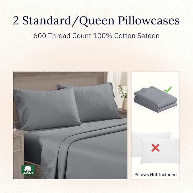 California Design Den Luxuriously Soft Premium 600 Thread Count, 100% Cotton Set of 2 Cases, Crisp Grey Pillow Cases Standard Fits Standard & Queen Pillows (Mist Grey)