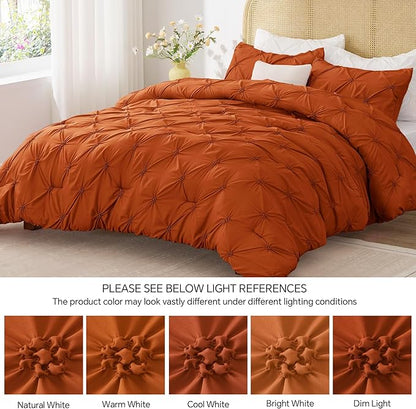 BEDELITE Burnt Orange King Size Comforter Set - 3 Pieces Boho Pintuck Bedding Comforter Sets, Lightweight Soft & Warm King Bedding Set with 2 Pillowcases for All Season