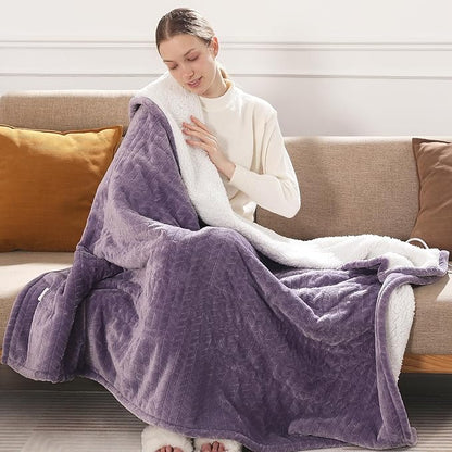 Electric Blanket Queen 84"x90" Heated Blanket Queen Size Dual Control Wheat Pattern Ultra-soft Flannel & Thick Sherpa with 5 Heat Settings & 10H Auto Off, FCC/ETL Certified, Machine Washable, Lavender