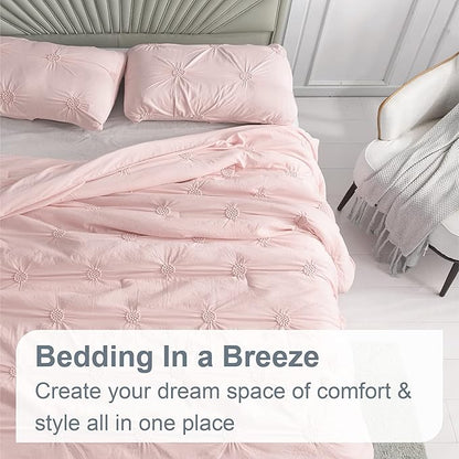 Swift Home Twin/Twin XL Baby Pink Rose Blush Comforter Set - Ruched 3D Floral Pintuck Bedding Set - 2 Pieces Bed Linen, 1 Comforter and 1 Pillow Sham