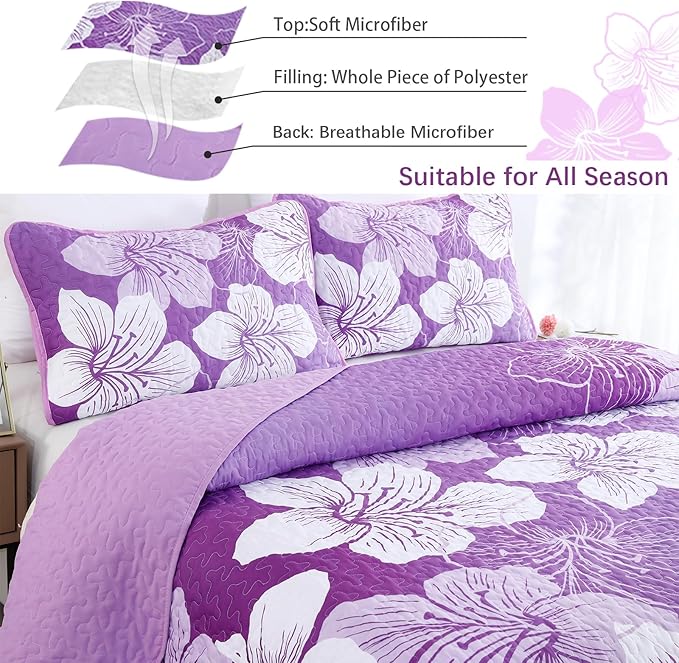 DJY Purple Floral Queen Quilt Set 3 Pieces Botanical Pattern Bedspread Summer Gradient Bedding Quilt Set with 2 Pillow Shams Soft Boho Microfiber Coverlet Set for All Season 90''x96''