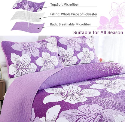 DJY Purple Floral Queen Quilt Set 3 Pieces Botanical Pattern Bedspread Summer Gradient Bedding Quilt Set with 2 Pillow Shams Soft Boho Microfiber Coverlet Set for All Season 90''x96''