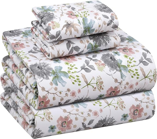 RUVANTI 100% Cotton Sheets – Queen Size Percale Bedding, Cooling & Breathable Floral Design, Durable with a Crisp, Soft & Comfortable Feel, 16" Deep Pocket, 4-Piece Set, Dandelion Field