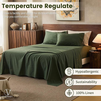100% Linen Sheets King Size,Breathable & Durable 4-Piece Bed Flax Sheet Set,Soft All-Season Bedding for Hot Sleepers 16" Deep Pocket Oeko-TEX Certified,（King, Forest Green）