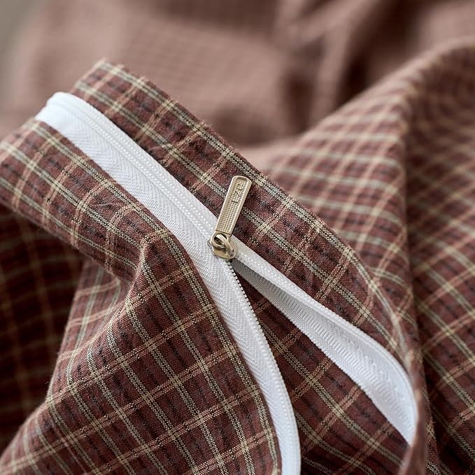 Gingham Full Size Bed Duvet Cover Brown Washed Cotton Comforter Cover Full Plaid Checkered Boho Zipper Duvet Cover Set with Corner Ties Farmhouse Dorm Bedding Set Caramel Duvet Protector