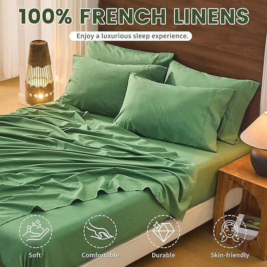 Bedlifes 100% French Pure Linen Sheets King Size Breathable and Cooling Flax Sheet Set Soft Durable and Moisture Wicking 16 Inch Deep Pocket-4 Piece(King,Sage Green)