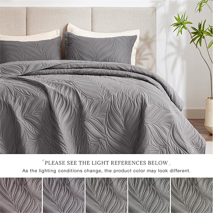 EXQ Home Quilt Set Full Queen Size Grey 3 Piece,Lightweight Soft Coverlet Modern Style Leaf Pattern Bedspread Set(1 Quilt,2 Pillow Shams)