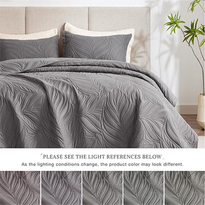 EXQ Home Quilt Set Full Queen Size Grey 3 Piece,Lightweight Soft Coverlet Modern Style Leaf Pattern Bedspread Set(1 Quilt,2 Pillow Shams)