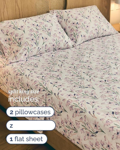 Floral Sheets - Pink Floral Bed Sheet Set - 1 Flat & 2 Fitted & 2 Pillowcases w/ Deep Pockets - Wrinkle & Fade Free - Boho Botanical Bedding - Ultra-Soft, Breathable & Cooling - Split King Size Set