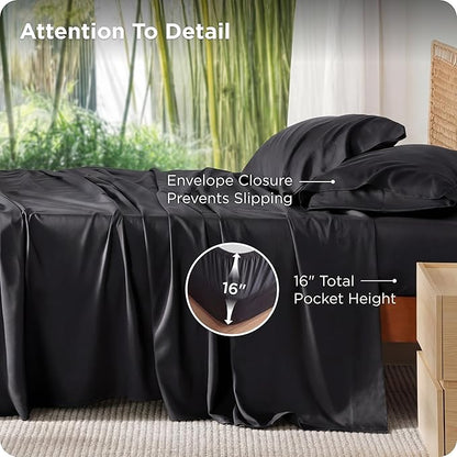 Bedsure King Size Sheet Set, Cooling Sheets, Rayon Derived from Bamboo, Deep Pocket Up to 16", PureWoven, Breathable & Soft, Hotel Luxury Silky Bedding for Hot Sleepers, Black