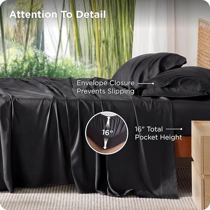 Bedsure California King Sheet Sets, Cooling Sheets for Hot Sleepers, Rayon Derived from Bamboo, PureWoven, Breathable & Soft, Deep Pocket Up to 16 Inches, Hotel Luxury Silky Bedding, Black
