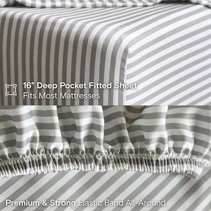 DOZ Sheet Set, 100% Viscose derived from Bamboo, Organically Grown, Buttery Soft, Cooling Sheets, High GSM, Deep Pockets - 3 Piece - 2 Pillowcases 1 Fitted Sheet (Stripe, Queen)