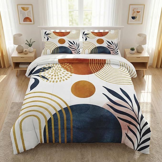 Full Size Comforter Set with 2 Pillowcases, Mid Century 3 Pcs Bedding for Adults, Sun Boho Geometric Leaf Soft Comforter Set for Bedroom Bed Decor