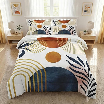 Full Size Comforter Set with 2 Pillowcases, Mid Century 3 Pcs Bedding for Adults, Sun Boho Geometric Leaf Soft Comforter Set for Bedroom Bed Decor