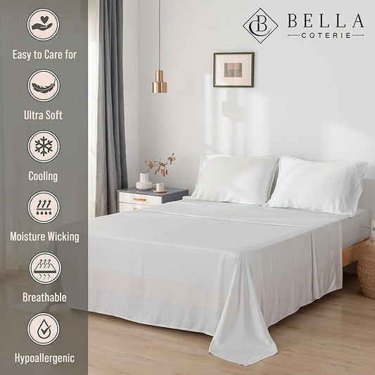 Bella Coterie Luxury Bamboo Viscose Queen Size Sheet Set | 100% Organically Grown | Ultra Soft | Cooling for Hot Sleepers | 18" Deep Pocket [Striped Coastal Blue]