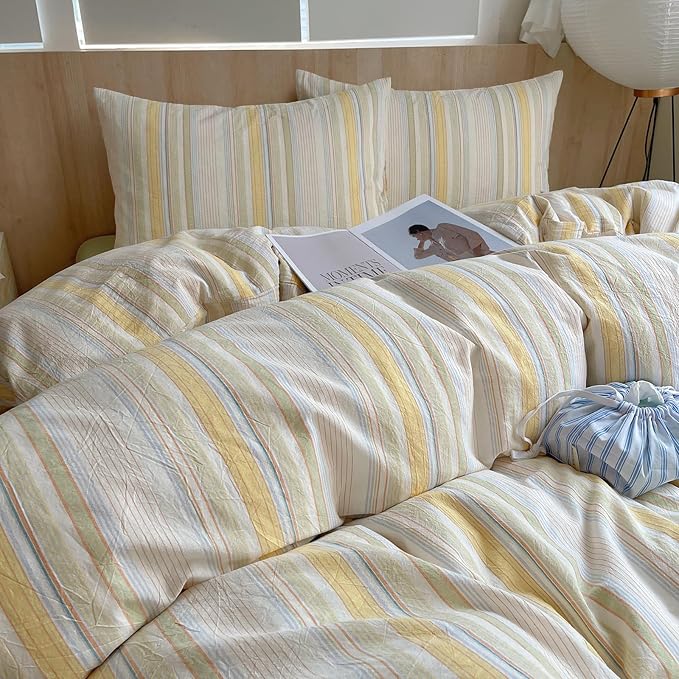 EAVD Retro Striped Duvet Cover King Soft Washed Cotton Bedding Set with 2 Pillowcases Reversible Colorful Pinstriped Bedding Set Modern Farmhouse Geometric Duvet Cover with Zipper Closure