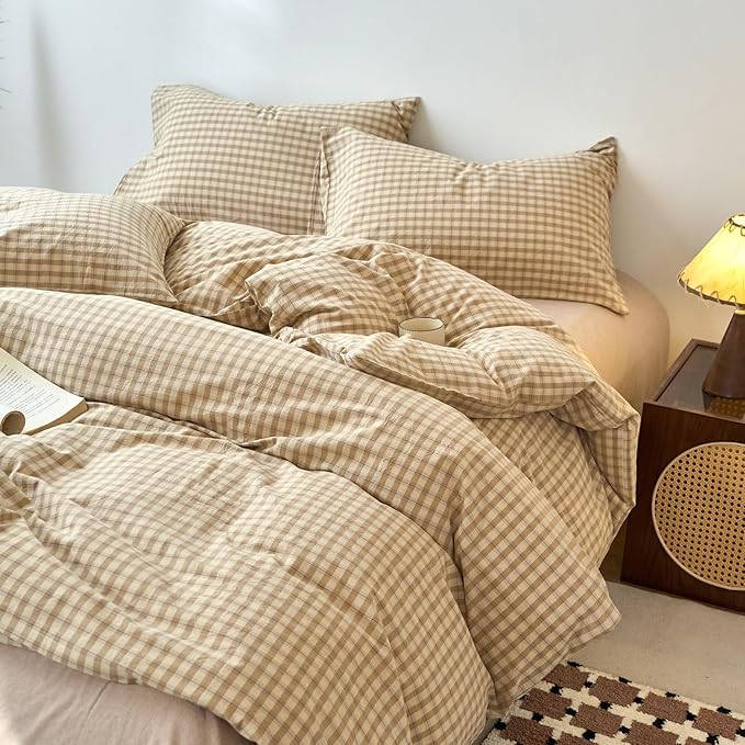 EAVD Vintage Style Brown&Beige Plaid Duvet Cover King Soft 100% Washed Cotton Chic Checkered Gingham Bedding Set with 2 Pillowcases Farmhouse Brown Gingham Duvet Cover with Zipper Closure