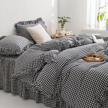 mixinni Black White Gingham Ruffle Duvet Cover Queen Size 3 Pieces – 100% Washed Cotton, Vintage Plaid Ruffled Bedding Set with Zipper Ties, Soft Checkered Grid Farmhouse Chic Comforter Cover Set