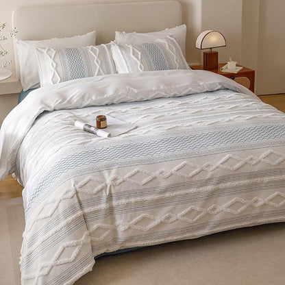 Houseri Tufted Blue Comforter Set Twin Jacquard Bedding Shabby Chic Farmhouse Bed Sets Twin