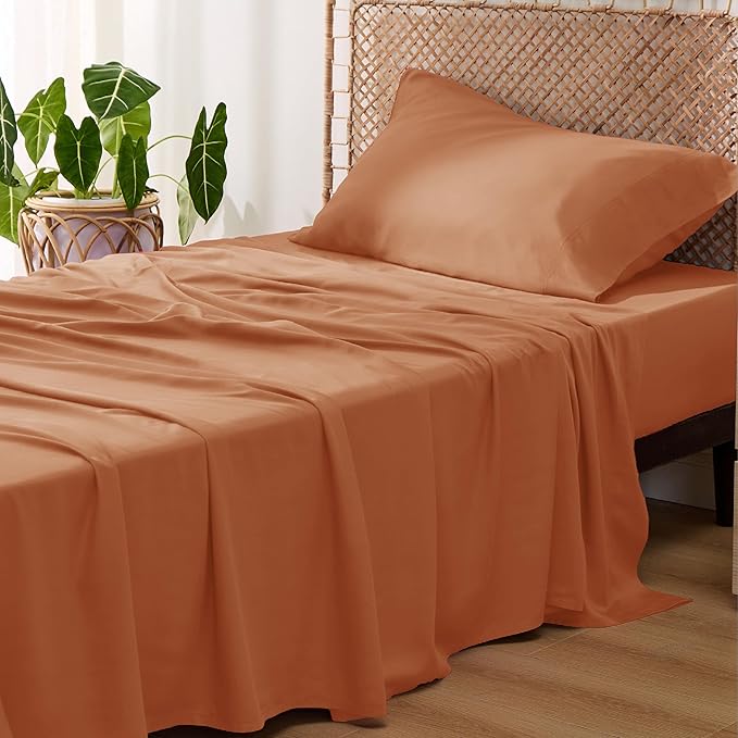 Bedsure Cooling Sheets Twin XL, Rayon Derived from Bamboo, PureWoven, Breathable & Soft Twin XL Sheet Sets, Deep Pocket Up to 16 Inches, Hotel Luxury Silky Dorm Bedding for Hot Sleepers, Burnt Orange