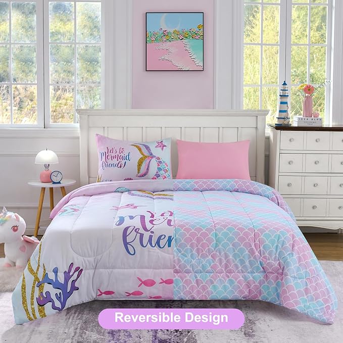 Cokouchyi Twin Size Comforter Set for Girls, 5-Piece Bed in a Bag, 3D Colorful Mermaid Bedding Comforter Sheet Set, Ultra Soft and Fluffy, Mermaid