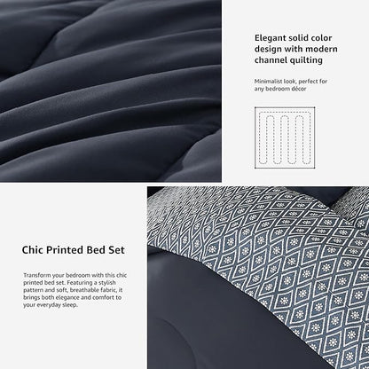 Monbix Full Size Comforter Set - 7 Pieces Bed in a Bag Full, Blue Grey Track Stitching Bedding Sets with Comforter, All Seasons Comforter Bed Set with Sheets, Pillowcases & Shams