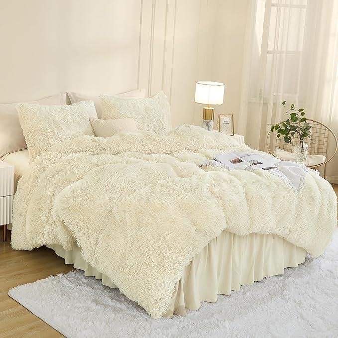 Andency Faux Fur Beige Comforter Set Queen Size, 3 Pieces Fluffy Fuzzy Plush Bedding Comforter Set (1 Shaggy Velvet Comforter & 2 Pillowcases), Soft Puffy Comfy Down Alternative Comforter Bedding Set