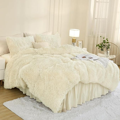 Andency Faux Fur Beige Comforter Set Full Size, 3 Pieces Fluffy Fuzzy Plush Bedding Comforter Set (1 Shaggy Velvet Comforter & 2 Pillowcases), Soft Puffy Comfy Down Alternative Comforter Bedding Set