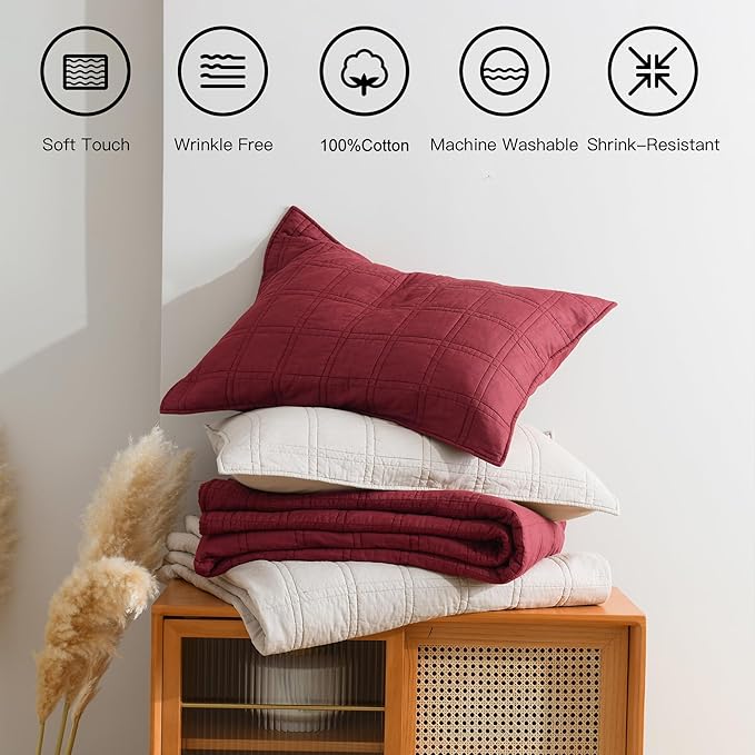 HORIMOTE HOME 100% Cotton Quilt Set King Size, Burgundy Red Pre-Washed Bedspreads Coverlet Set in Geometric Pattern, Cozy Lightweight Stitching Decorative Bedding Cover with 2 Shams for All Season