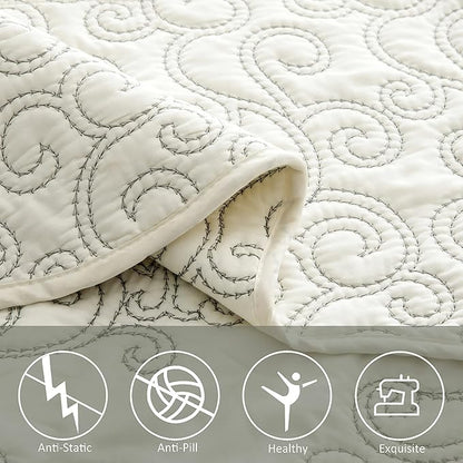 Home Soft Things Damask 4 Piece Bedspread Set, Scalloped Edge Reversible Coverlet Comforter Prewashed Bedding Set, Matelasse Embossed Floral Solid Pattern,Antique White Oversize King(120" x 120")