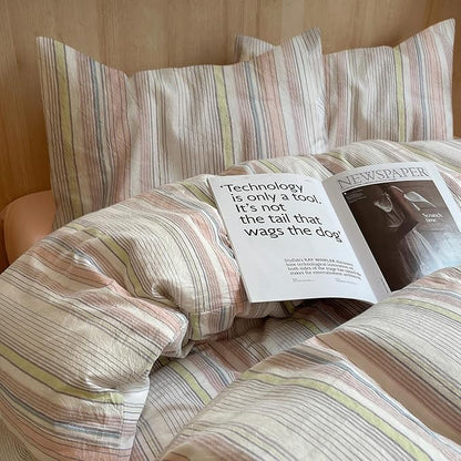 EAVD Pink Blue Yellow Striped Duvet Cover King Soft Washed Cotton Bedding Set 3 Pieces Pinstriped Bedding Set with 2 Pillowcases Reversible Farmhouse Geometric Pattern Duvet Cover with Zipper
